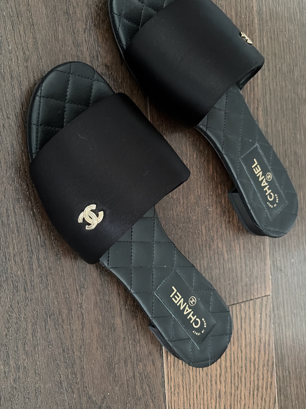 CHANEL Black Satin Quilted Slide Sandals with Gold CC Emblem - Picture 6 of 7